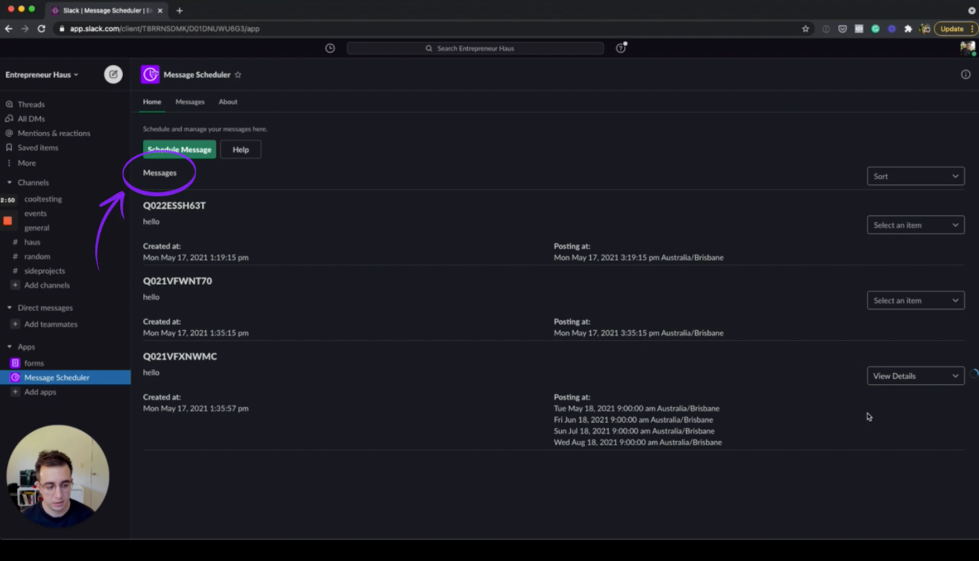 slack scheduler home dashboard demo screenshot