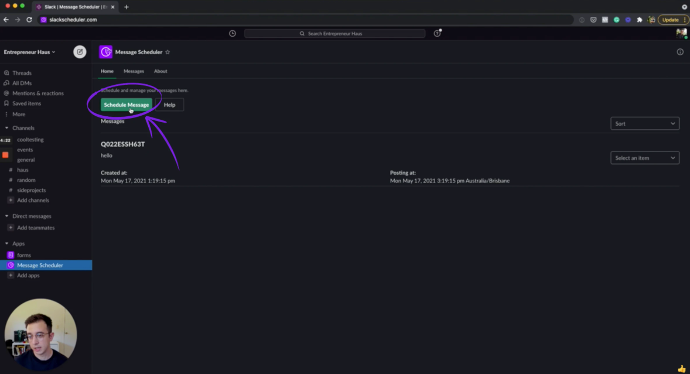 slack scheduler home dashboard demo screenshot
