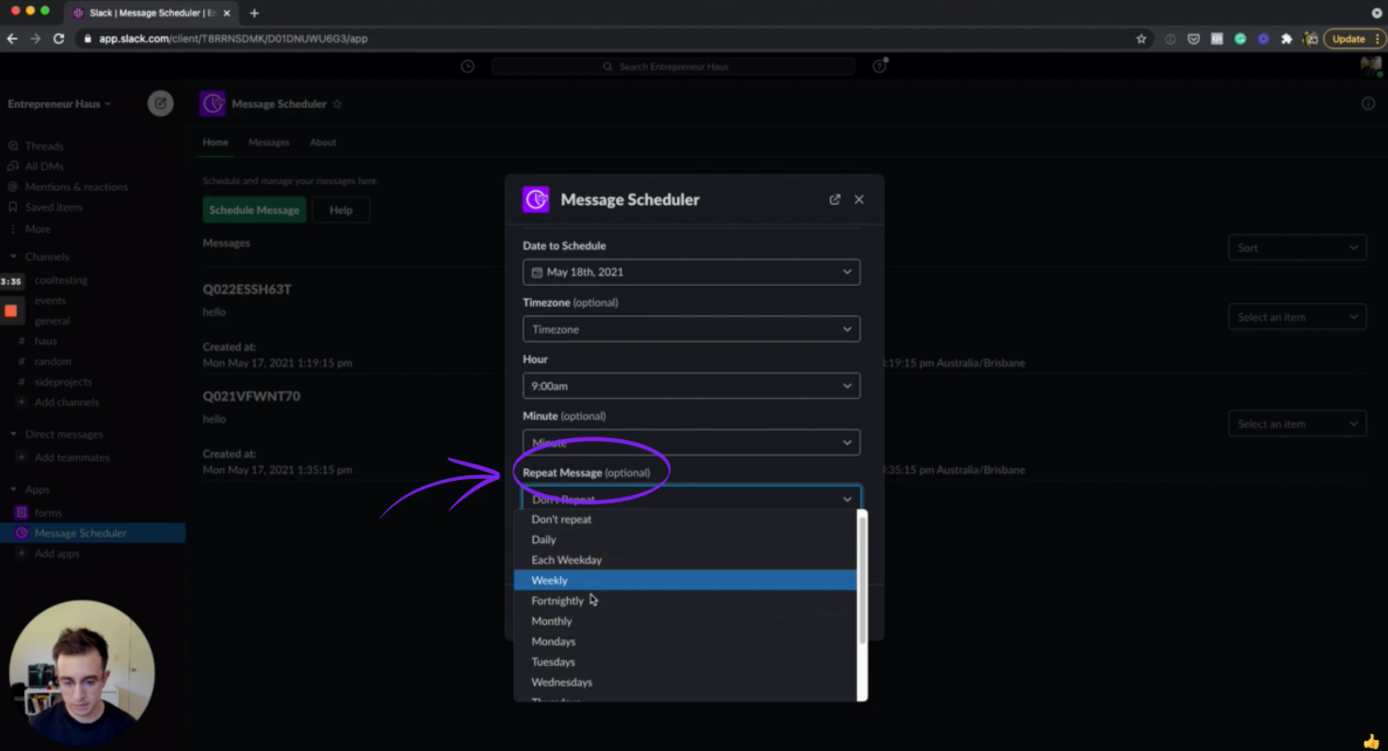 slack scheduler home dashboard demo screenshot