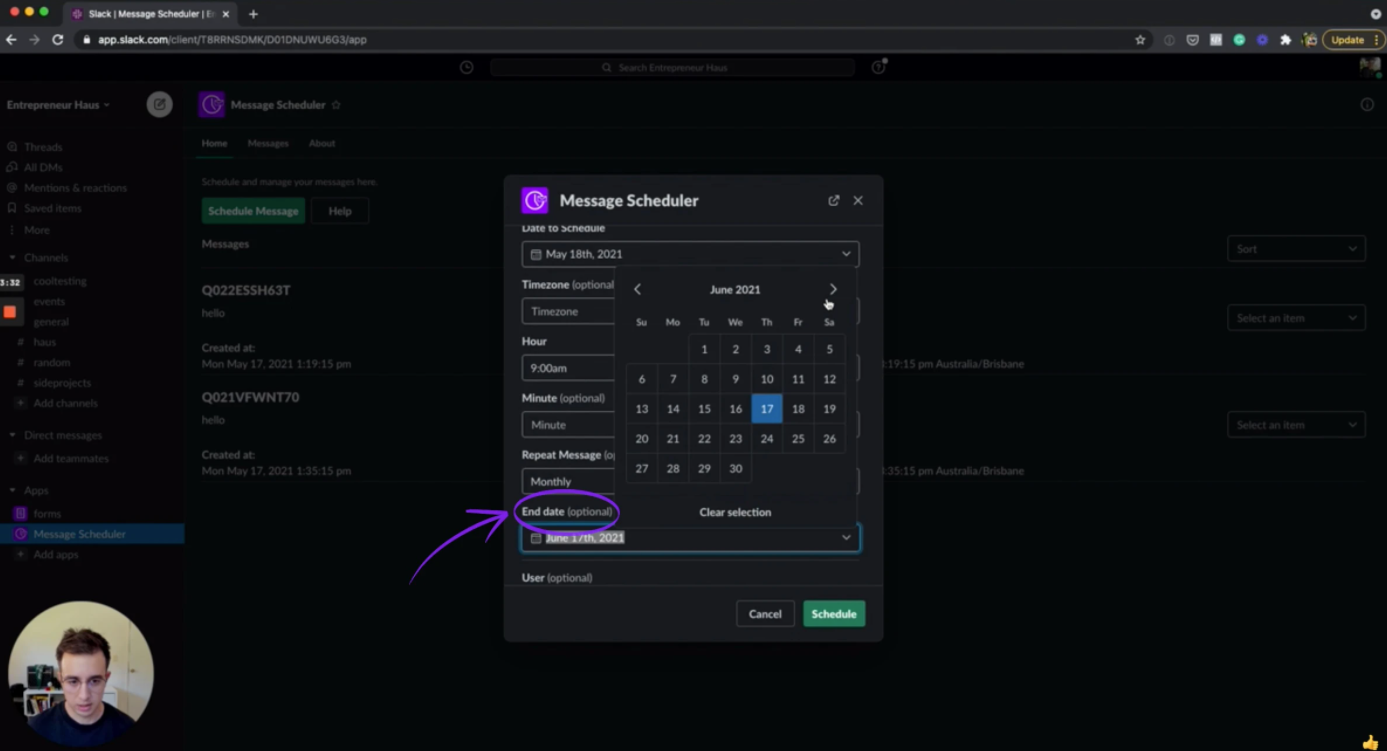 slack scheduler home dashboard demo screenshot