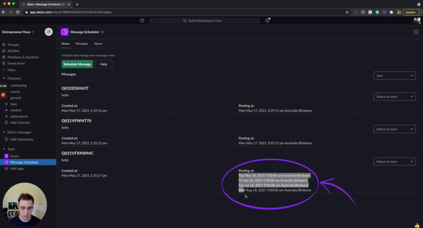 slack scheduler home dashboard demo screenshot