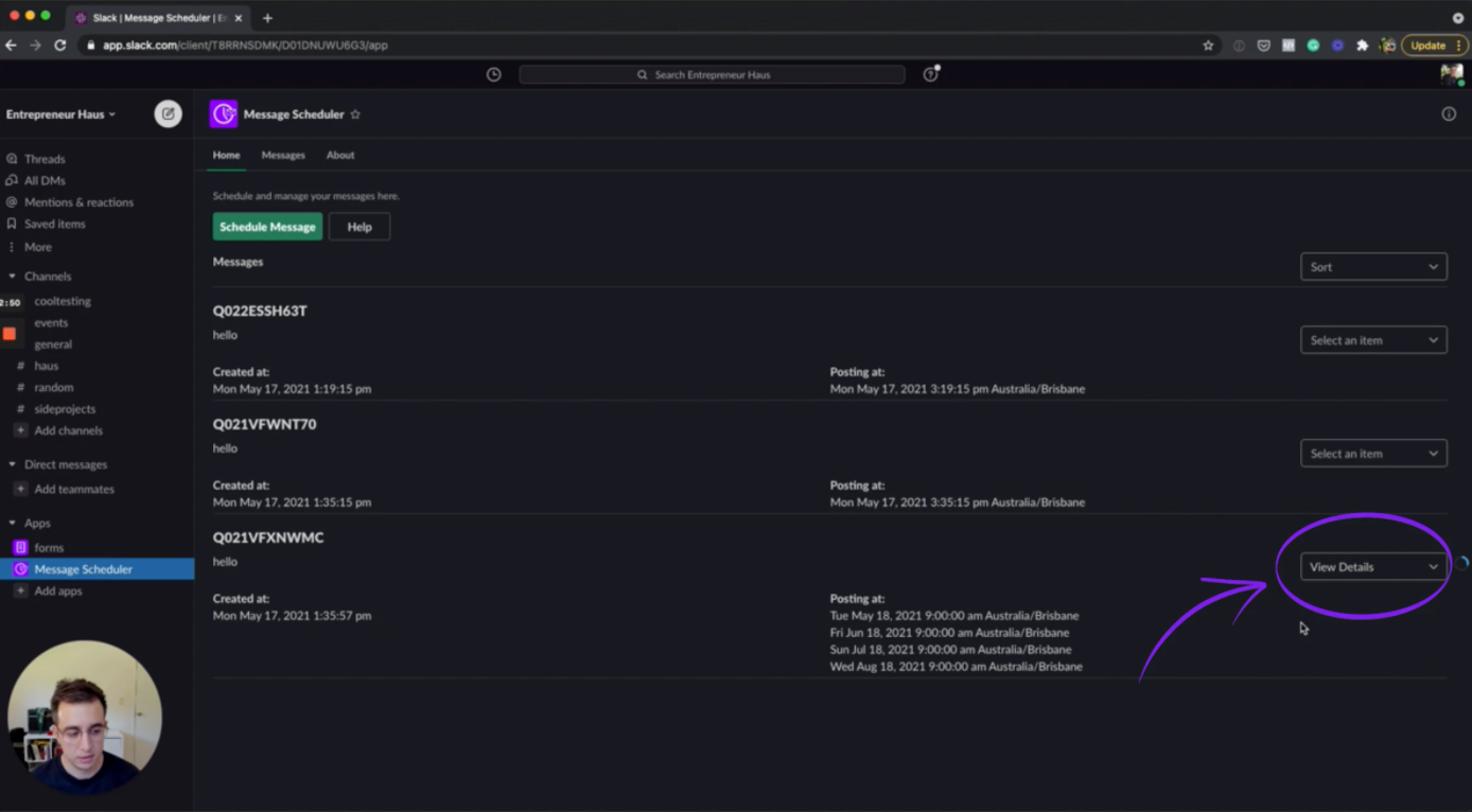 slack scheduler home dashboard demo screenshot