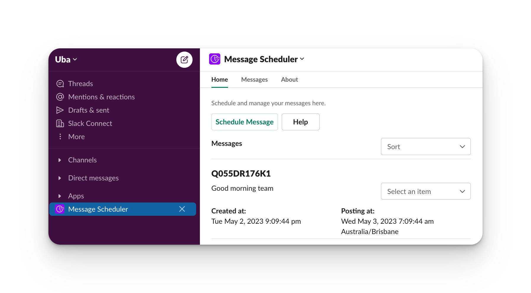 screenshot of message scheduler home dashboard